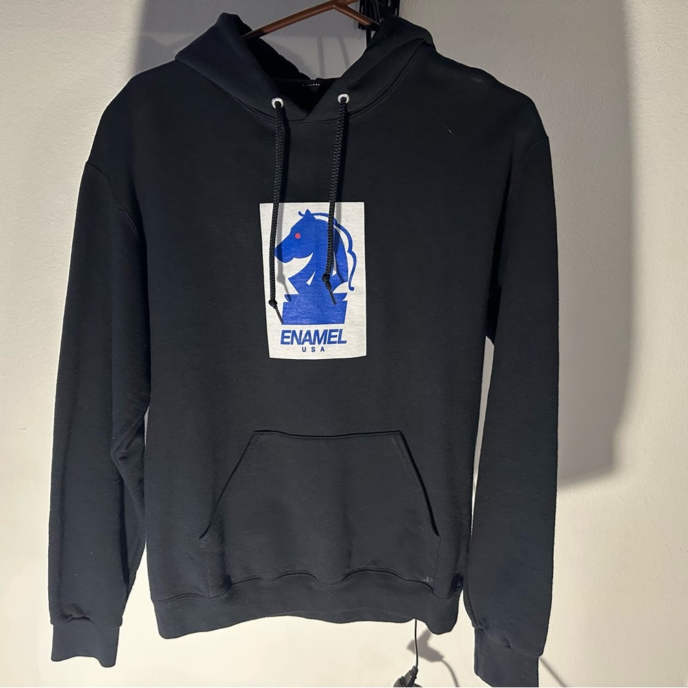 Black Hoodie with Blue Horse Graphic